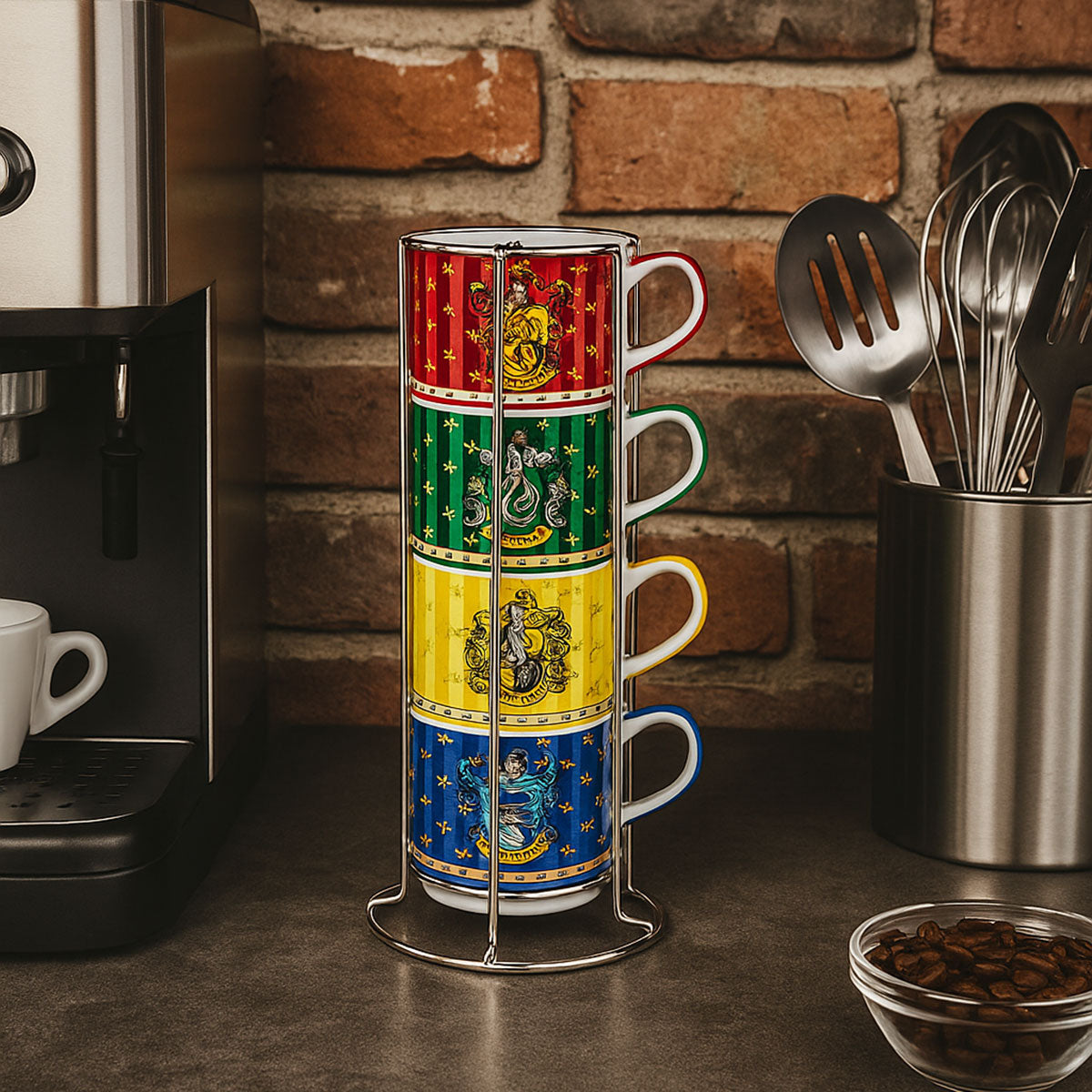EGAN Harry Potter Espresso Cup Set – 4 Porcelain Coffee Cups 100 ml with Metal Rack | Dishwasher & Microwave Safe | Hogwarts Houses Gift Set