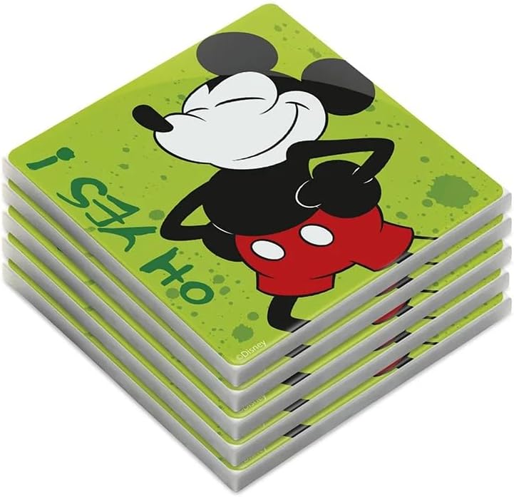 Egan 5-Piece MICKEY I AM & MINNIE I AM Collection Coaster Set – Glazed Ceramic Drink Coasters for Table Protection – Disney Kitchen Accessories & Home Decor – Handwash Only (MICKEY GREEN).