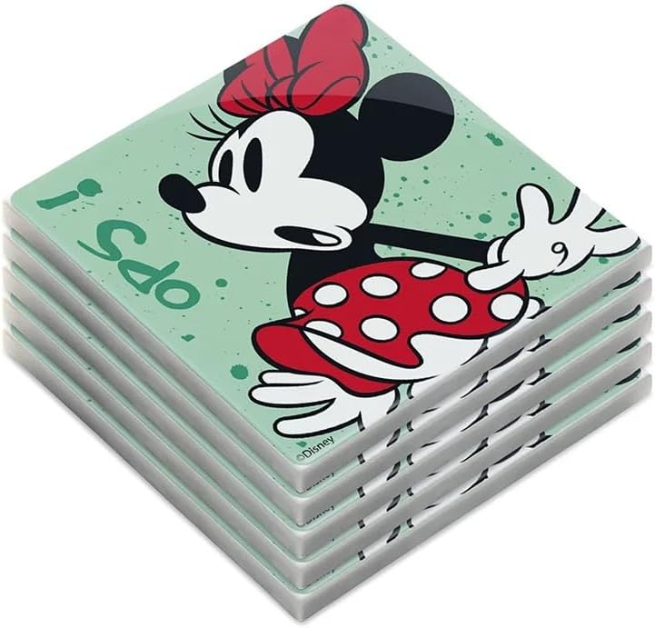 Egan 5-Piece MICKEY I AM & MINNIE I AM Collection Coaster Set – Glazed Ceramic Drink Coasters for Table Protection – Disney Kitchen Accessories & Home Decor – Handwash Only (MINNIE TURQUOISE).