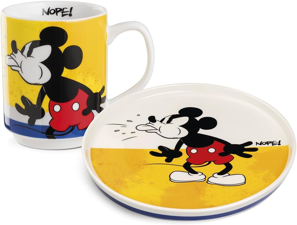 Egan Side Plate + Stackable Mug Set – Mickey & Minnie Mouse I AM Collection | New Bone China | Dishwasher & Microwave Safe | Breakfast Coffee & Snack Set | Gift for Disney lovers (MICKEY YELLOW).