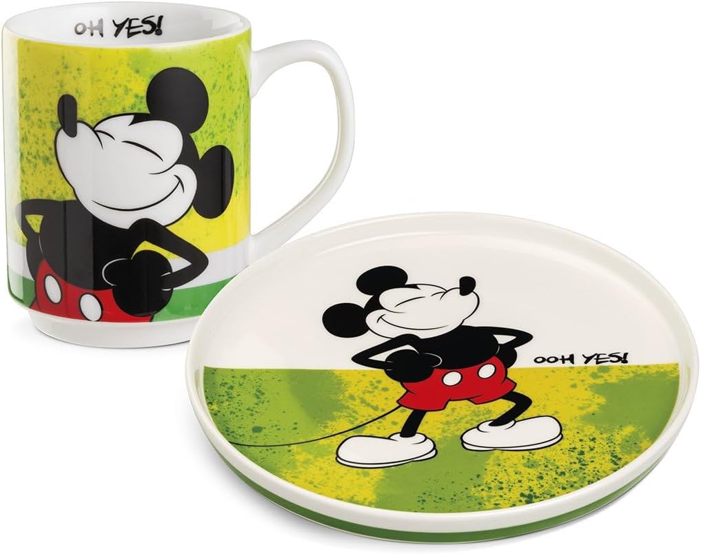 Egan Side Plate + Stackable Mug Set – Mickey & Minnie Mouse I AM Collection | New Bone China | Dishwasher & Microwave Safe | Breakfast Coffee & Snack Set | Gift for Disney lovers (MICKEY GREEN).