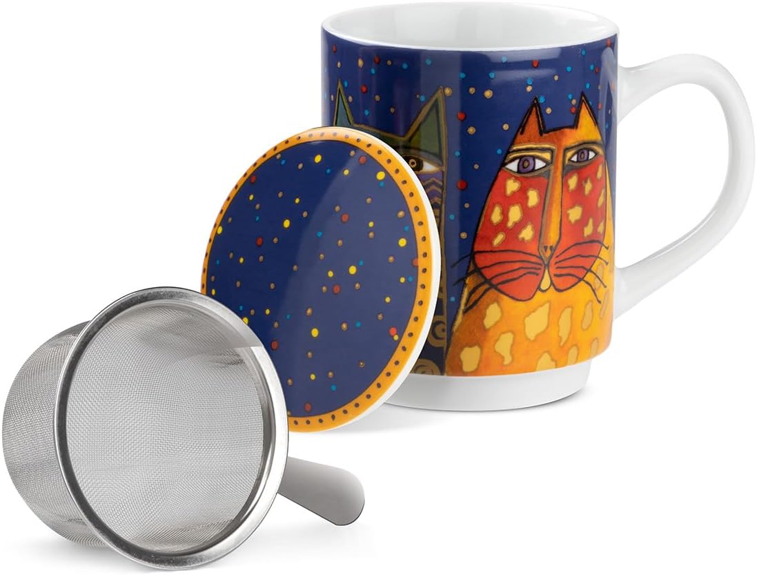 Egan Laurel Burch Infusion Cup 350ml – Porcelain Tea Mug with Lid & Filter – Artistic Cat Design – Microwave & Dishwasher Safe – Herbal Tea Cup for Artistic lovers (BLUE).