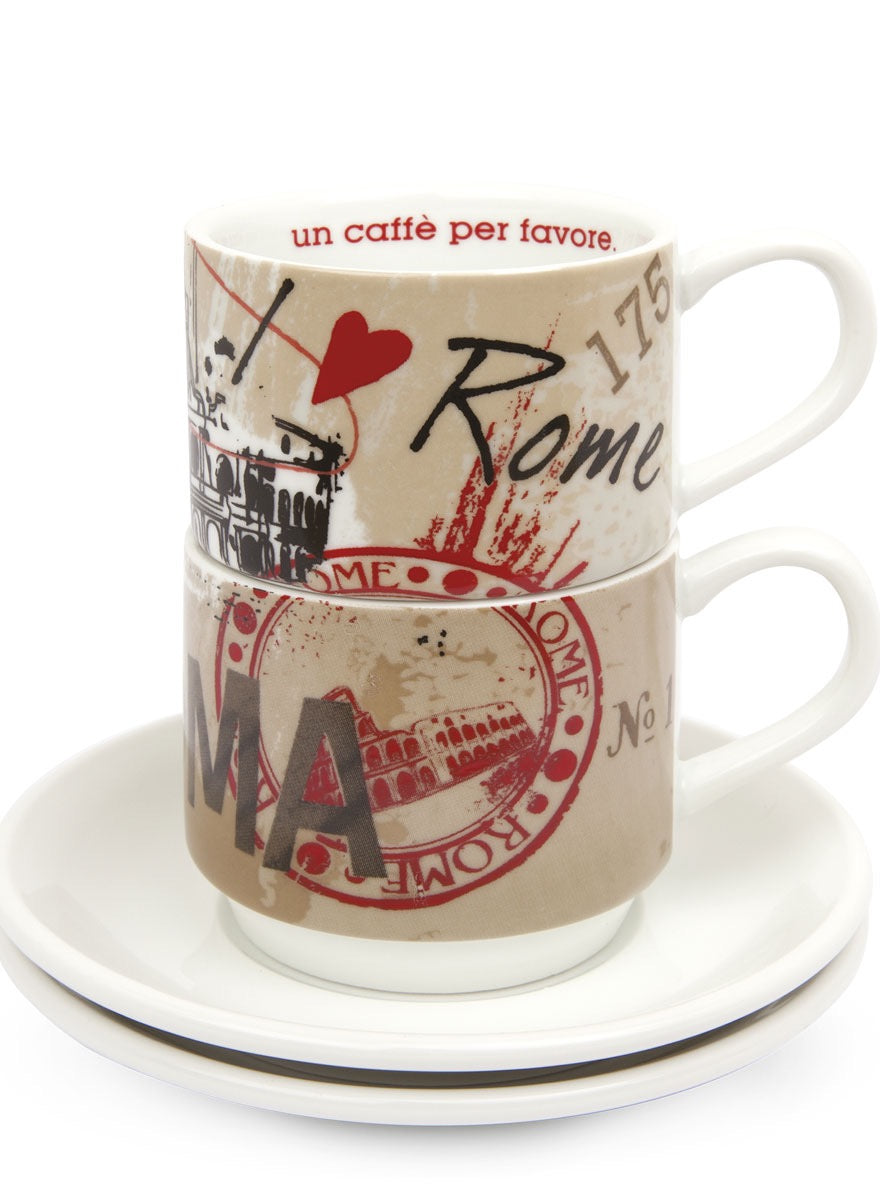 Set 2 Stackable Espresso Cups Rome With Saucers.