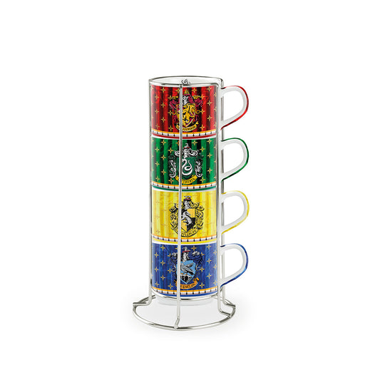 EGAN Harry Potter Espresso Cup Set – 4 Porcelain Coffee Cups 100 ml with Metal Rack | Dishwasher & Microwave Safe | Hogwarts Houses Gift Set