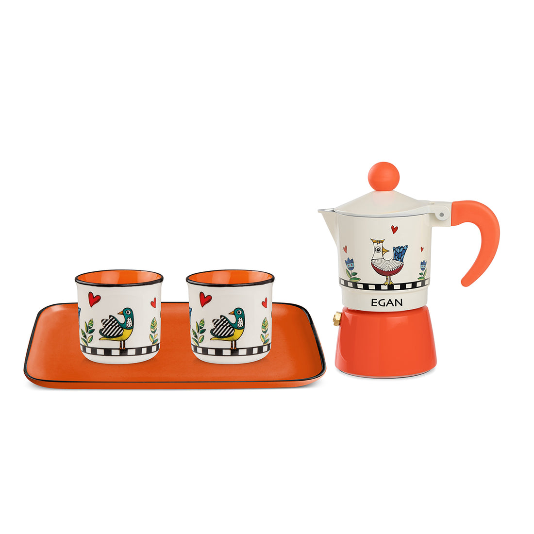 SET MOKA COFFEE MAKER+2 MINI MUGS+TRAY COCORICO ORANGE