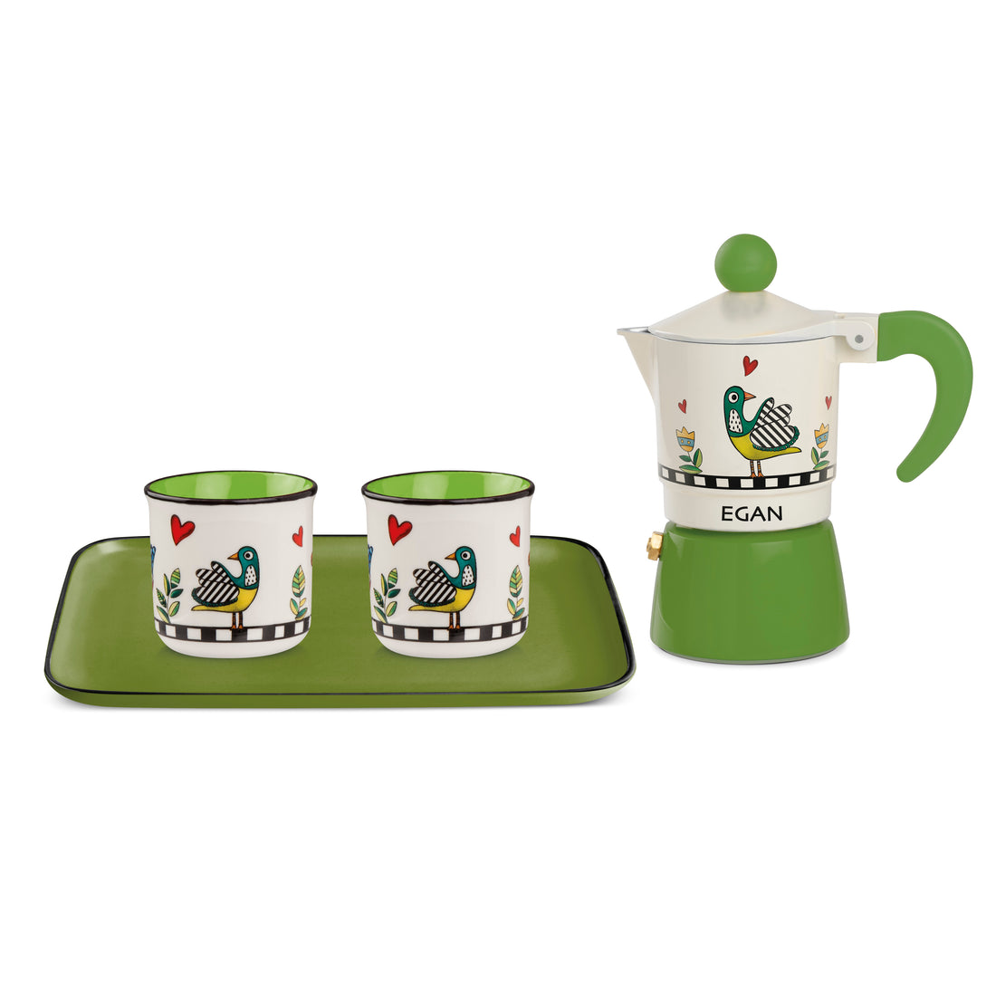 SET MOKA COFFEE MAKER+2 MINI MUGS+TRAY COCORICO GREEN