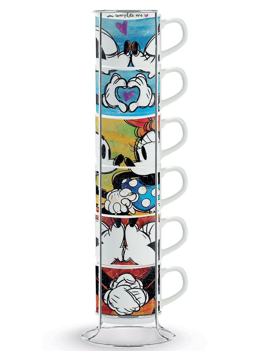 Set 6 Stackable Espresso Cups Mickey Mouse with Metal Rack