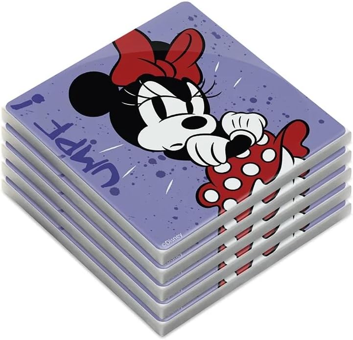 Egan 5-Piece MICKEY I AM & MINNIE I AM Collection Coaster Set – Glazed Ceramic Drink Coasters for Table Protection – Disney Kitchen Accessories & Home Decor – Handwash Only (MINNIE PURPLE).