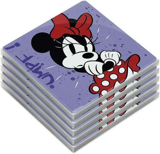 Egan 5-Piece MICKEY I AM & MINNIE I AM Collection Coaster Set – Glazed Ceramic Drink Coasters for Table Protection – Disney Kitchen Accessories & Home Decor – Handwash Only (MINNIE PURPLE).
