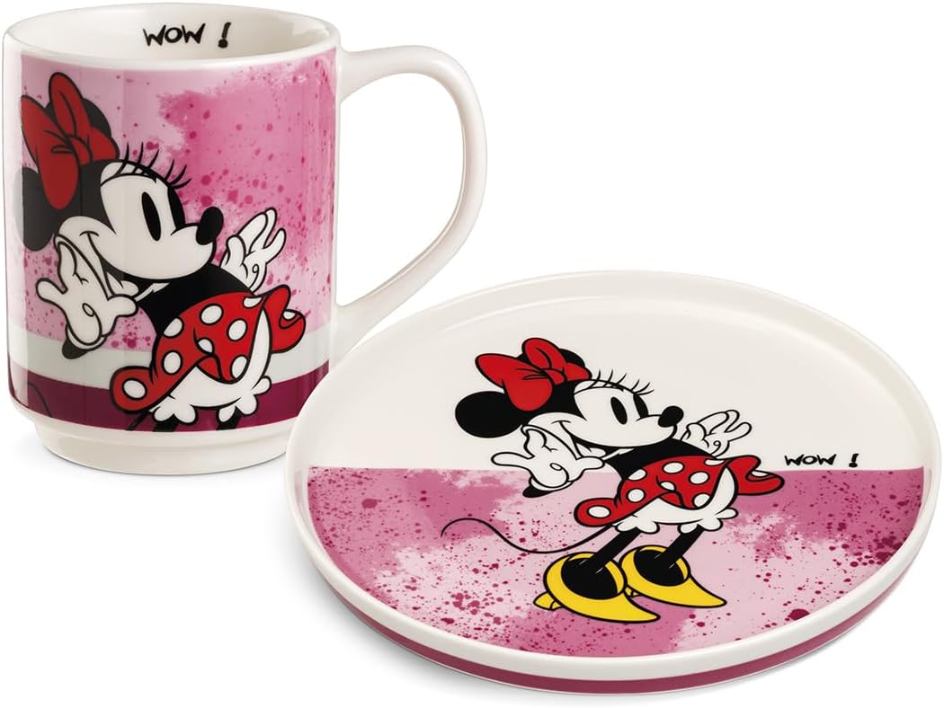 Egan Side Plate + Stackable Mug Set – Mickey & Minnie Mouse I AM Collection | New Bone China | Dishwasher & Microwave Safe | Breakfast Coffee & Snack Set | Gift for Disney lovers (MINNIE PINK)