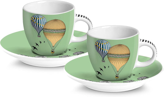 طقم فناجين إسبريسو مع صحون من إيغان جيراموند، قطعتان، 80 مل، طقم فناجين قهوة من البورسلين للإسبريسو والقهوة العربية، تصميم منطاد الهواء الساخن، طقم هدايا (أخضر فاتح)