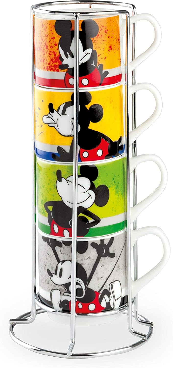 Egan 4-Piece Stackable Coffee Cup Set Mickey I Am + Metal Rack ML. 80, PWM02I/4AM, Multi-Coloured.