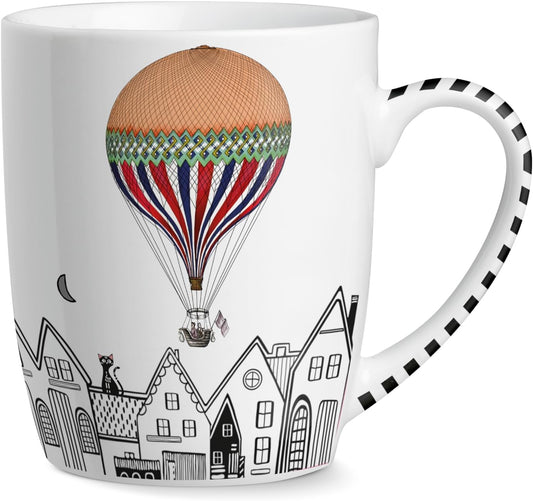 EGAN GIRAMONDO Porcelain Mug 420ml, Large Coffee Mug for Tea Latte Hot Chocolate, Travel Inspired Design with Striped Handle, Microwave & Dishwasher Safe (VILLAGE)