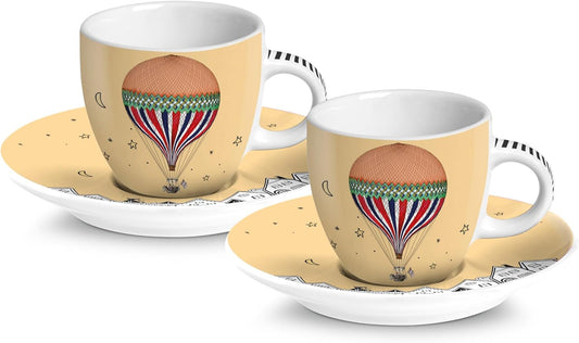 طقم فناجين إسبريسو مع صحون من إيغان جيراموند، قطعتان، 80 مل، طقم فناجين قهوة من البورسلين للإسبريسو والقهوة العربية، تصميم منطاد الهواء الساخن، طقم هدايا (أصفر)
