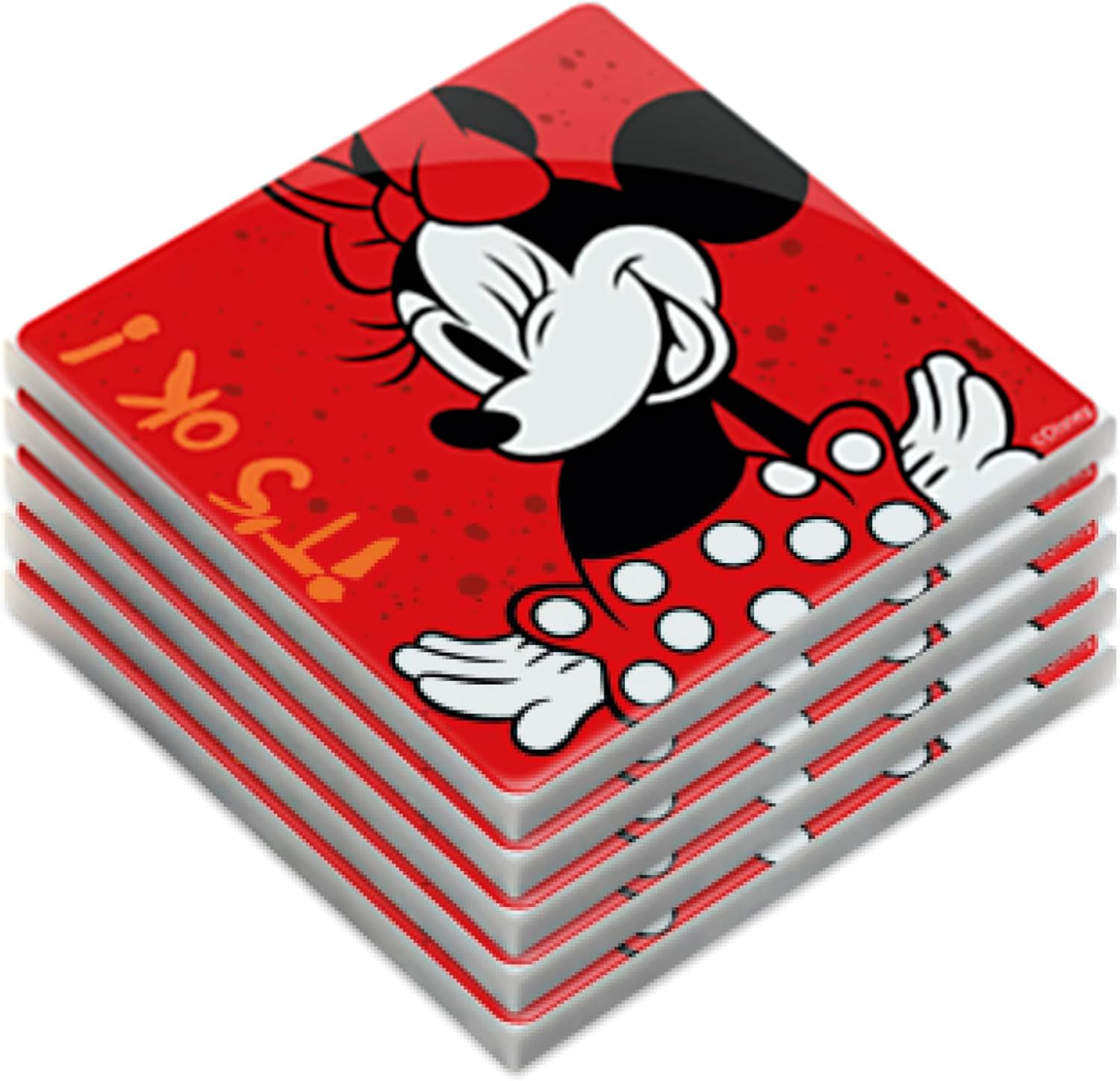 Egan 5-Piece MICKEY I AM & MINNIE I AM Collection Coaster Set – Glazed Ceramic Drink Coasters for Table Protection – Disney Kitchen Accessories & Home Decor – Handwash Only (MINNIE RED).