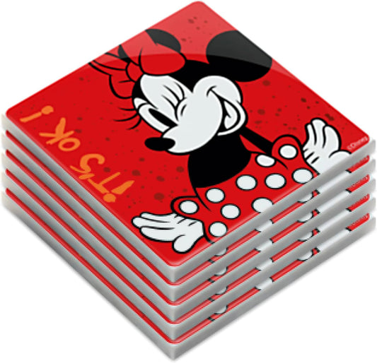 Egan 5-Piece MICKEY I AM & MINNIE I AM Collection Coaster Set – Glazed Ceramic Drink Coasters for Table Protection – Disney Kitchen Accessories & Home Decor – Handwash Only (MINNIE RED).