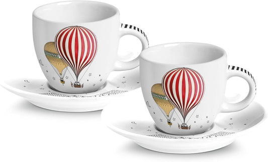 طقم فناجين إسبريسو مع صحون من إيغان جيراموند، قطعتان، 80 مل، طقم فناجين قهوة من البورسلين للإسبريسو والقهوة العربية، تصميم منطاد الهواء الساخن، طقم هدايا (أبيض)