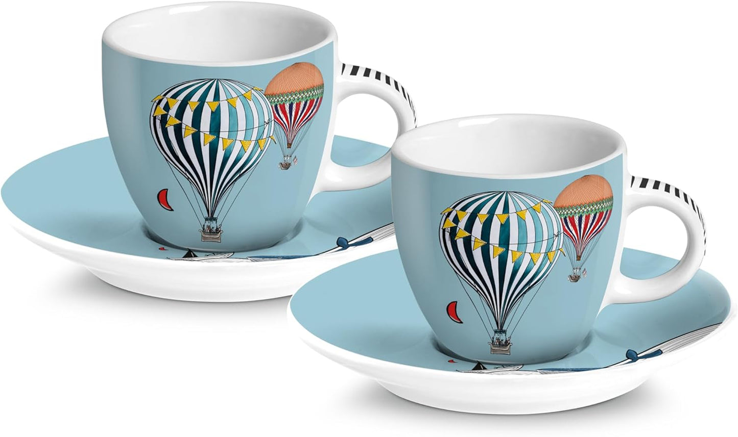 طقم فناجين إسبريسو مع صحون من إيغان جيراموند، قطعتان، 80 مل، طقم فناجين قهوة من البورسلين للإسبريسو والقهوة العربية، تصميم منطاد الهواء الساخن، طقم هدايا (أزرق فاتح)