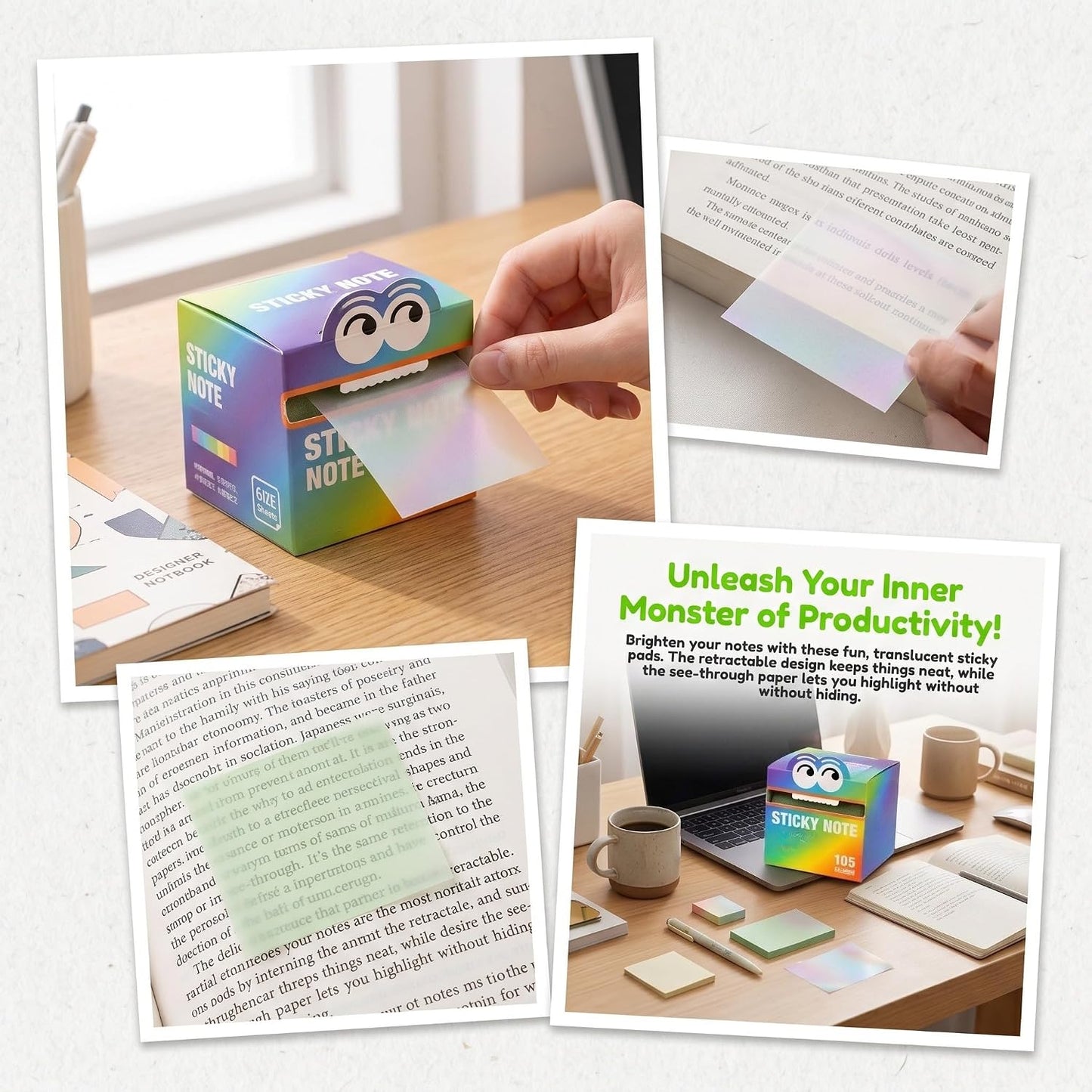 Monster Pattern Sticky Notes – 105 Translucent Pearl Sheets | Pull-Out Dispenser | multicolor