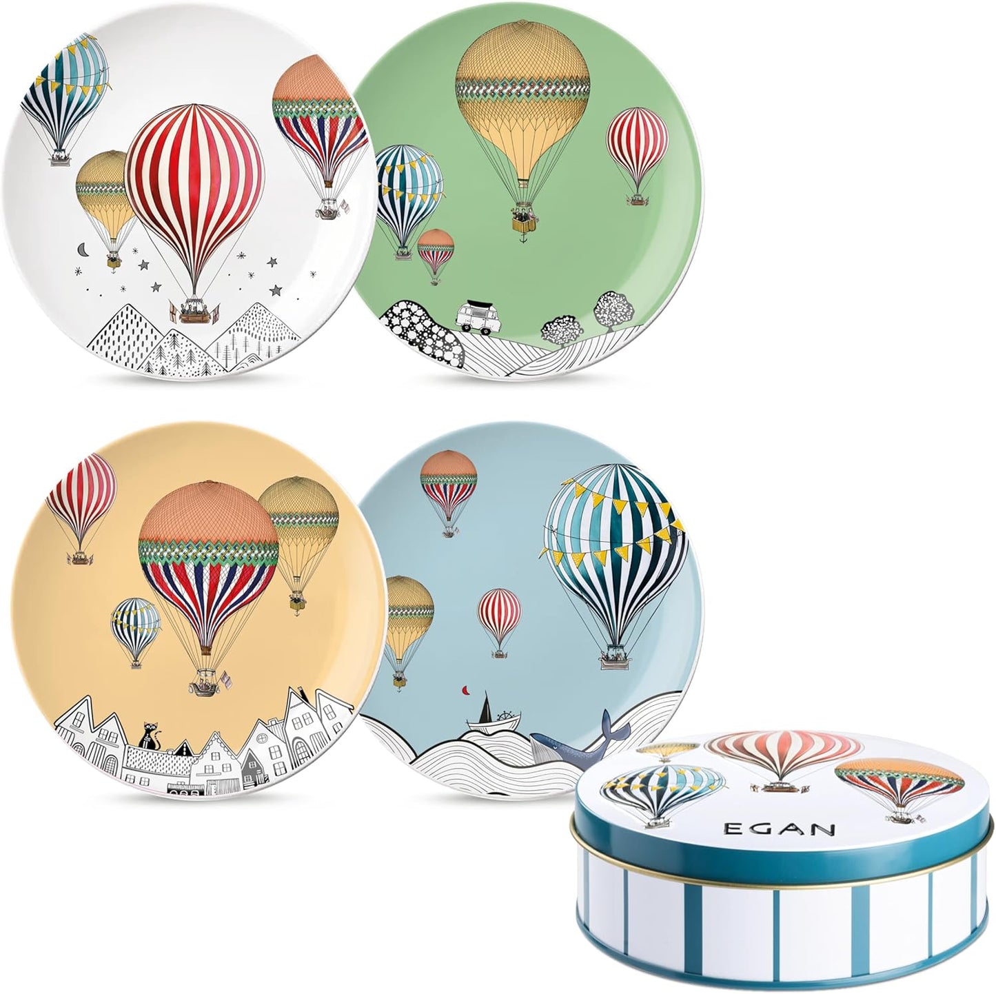 طقم أطباق حلويات إيغان جيراموندو، 4 قطع، 19 سم، أطباق بورسلين، تصاميم متنوعة، أطباق صغيرة للكيك والمعجنات والوجبات الخفيفة، آمنة للاستخدام في الميكروويف وغسالة الصحون