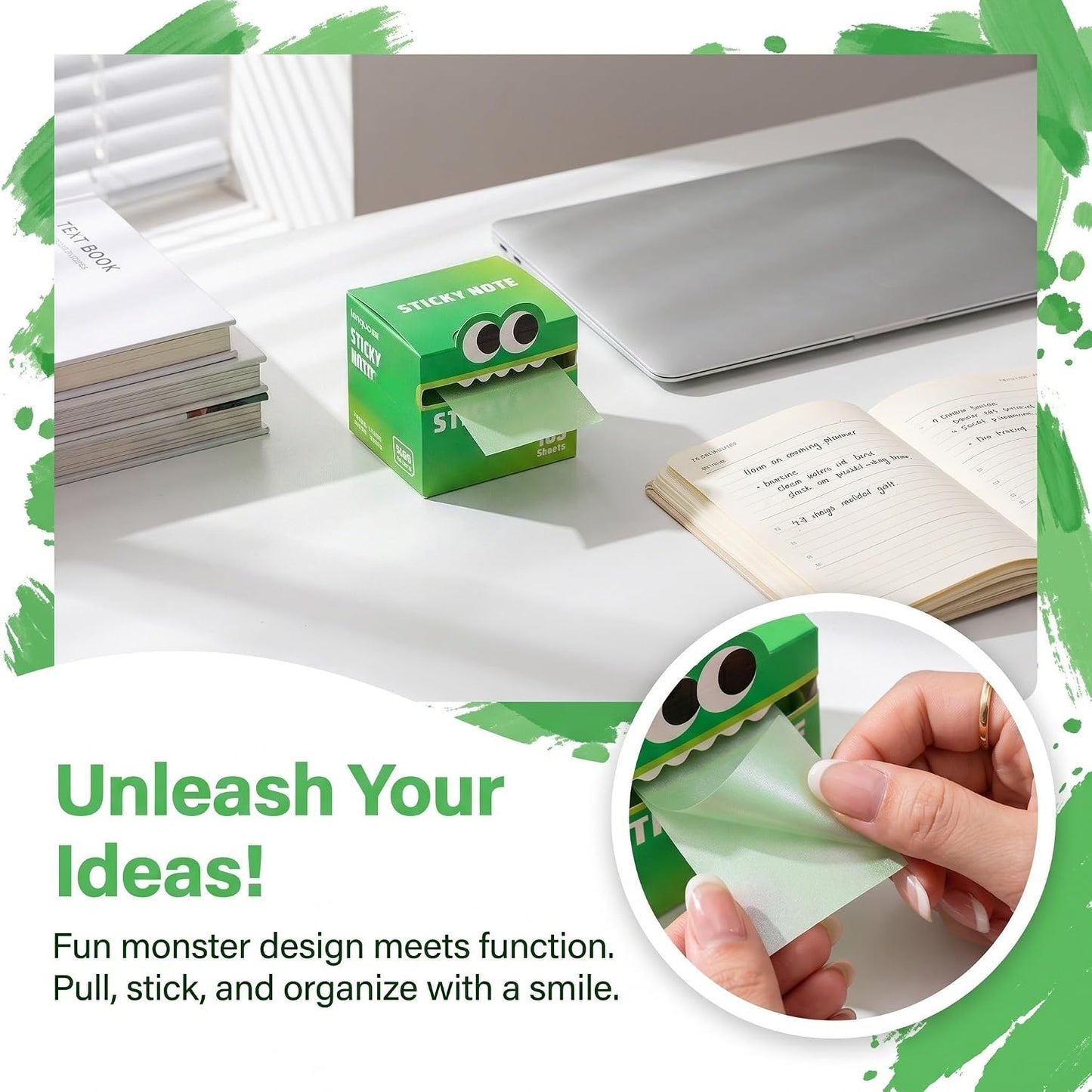 Monster Pattern Sticky Notes – 105 Translucent Pearl Sheets | Pull-Out Dispenser | 6 Green Shades
