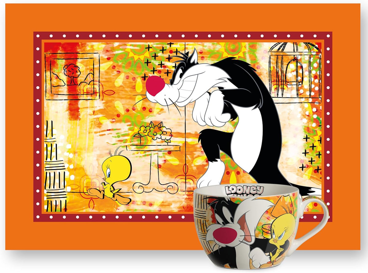 Egan Looney Tunes Breakfast Set – Cup & Cotton Placemat – 2-Piece Kids Breakfast Set Featuring Looney Tunes characters – Tableware (SYLVESTER & TWEETY)