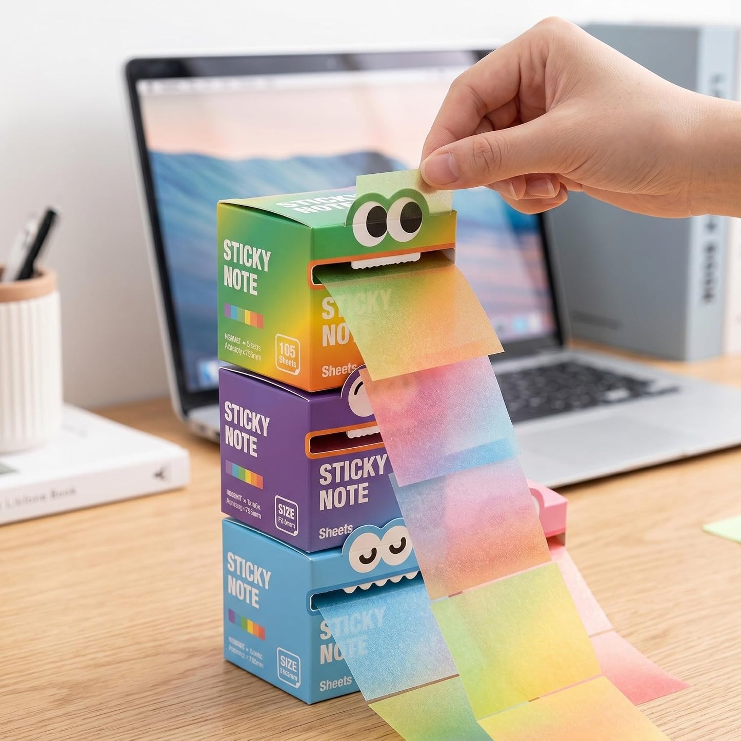 Monster Pattern Sticky Notes – 105 Translucent Pearl Sheets | Pull-Out Dispenser | multicolor