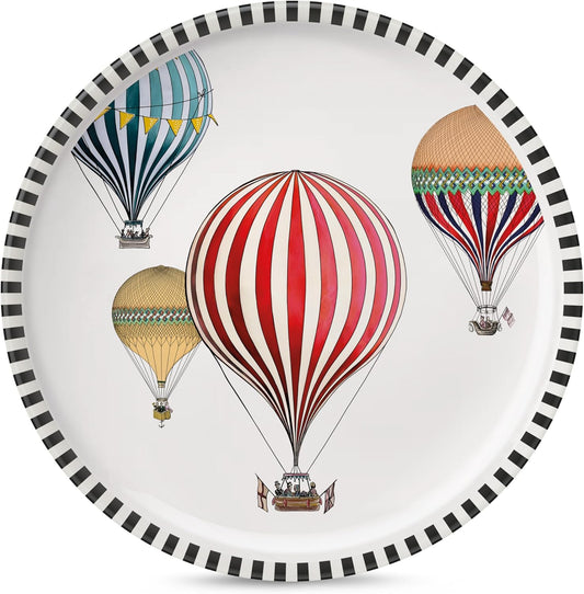 EGAN GIRAMONDO Serving Plate 30.5cm, Large Porcelain Platter with Hot Air Balloon Design & Striped Rim, Dessert Fruit Appetizer Plate, Dishwasher Safe