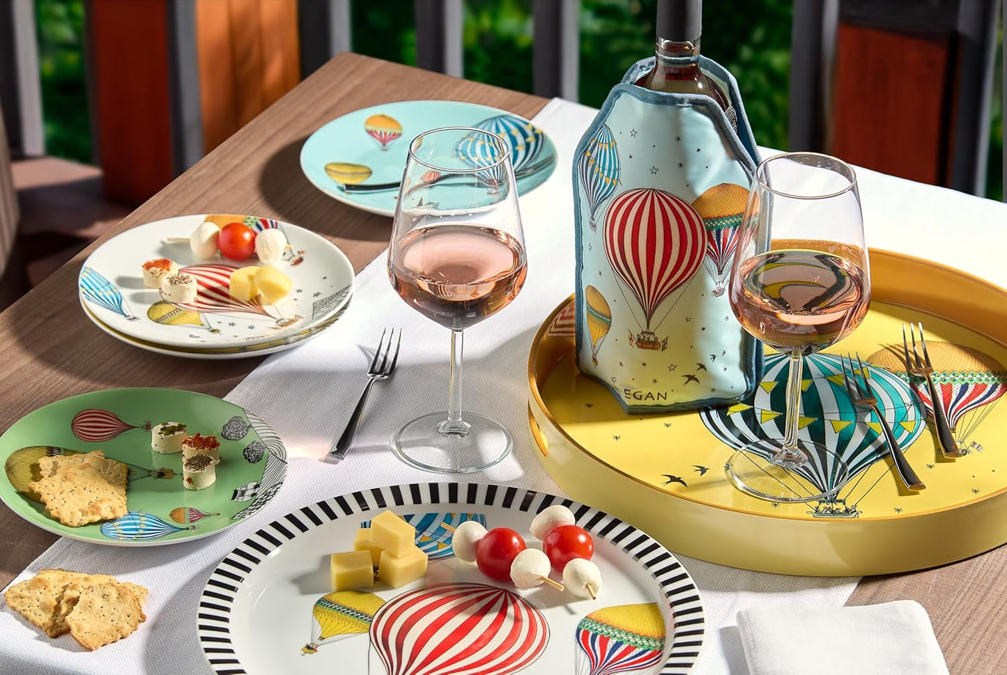 EGAN GIRAMONDO Serving Plate 30.5cm, Large Porcelain Platter with Hot Air Balloon Design & Striped Rim, Dessert Fruit Appetizer Plate, Dishwasher Safe