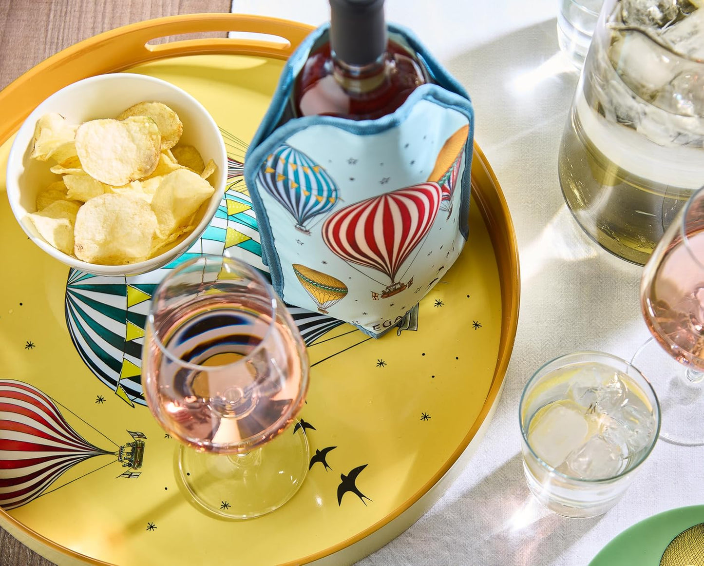 EGAN GIRAMONDO Serving Plate 30.5cm, Large Porcelain Platter with Hot Air Balloon Design & Striped Rim, Dessert Fruit Appetizer Plate, Dishwasher Safe