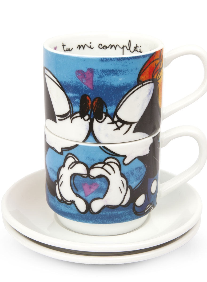 Set 2 Stackable Espresso Cups Mickey Mouse Blue With Saucers.