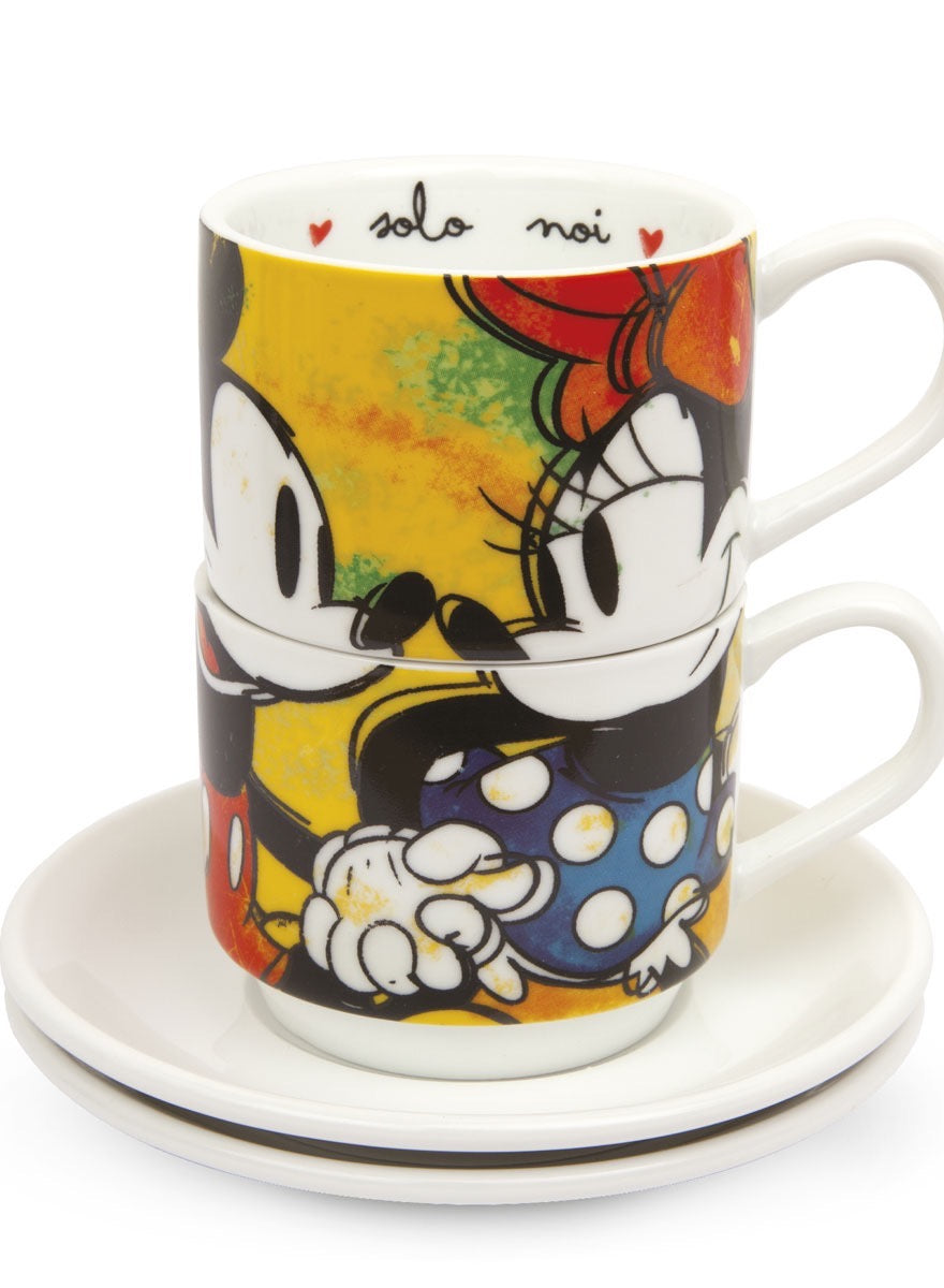 Set 2 Stackable Espresso Cups Mickey Mouse Green With Saucers